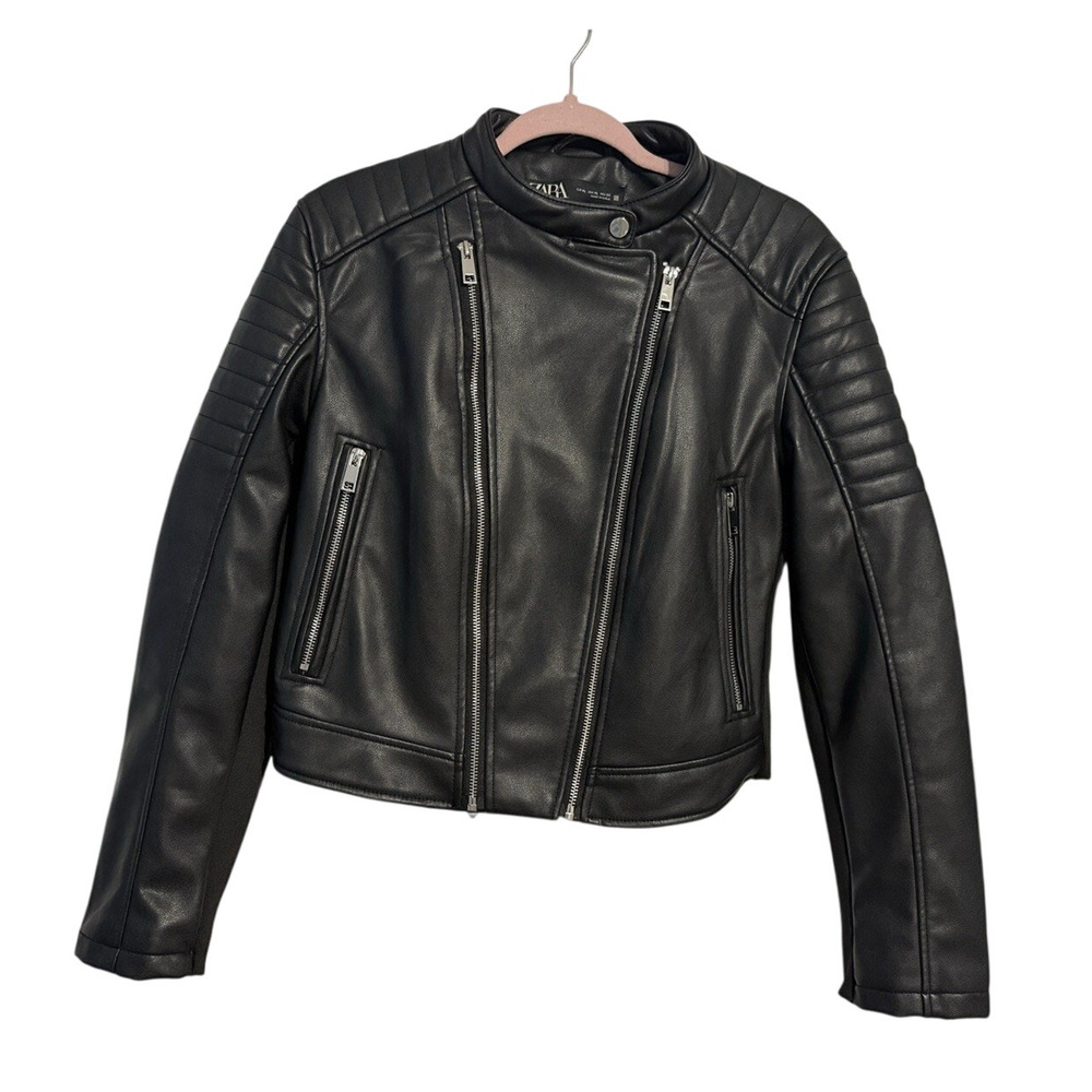 ZARA Black Faux Leather Moto Jacket Womens XL Cropped Biker Ribbed Sleeve Zip